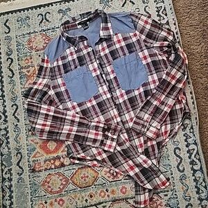 Plaid/Denim button-up rodeo Line dance Style blouse size M
